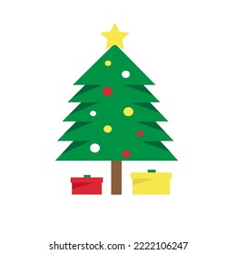 Vector icon of green christmas tree and gifts on white background.