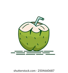 Vector icon of green coconut drink with pipette isolated on white background. Green coconut illustration. Cocos nucifera.