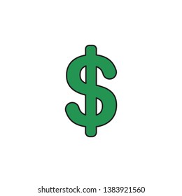 Vector icon of green dollar symbol. Black outlines and colored.