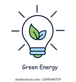 Vector icon for green energy. Depicts a lightbulb with leaves inside, symbolizing renewable energy and sustainable power solutions.