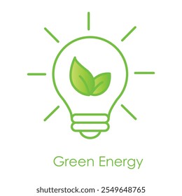 Vector icon for green energy. Depicts a lightbulb with leaves inside, symbolizing renewable energy and sustainable power solutions.