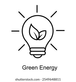 Vector icon for green energy. Depicts a lightbulb with leaves inside, symbolizing renewable energy and sustainable power solutions.