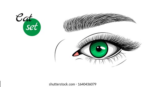 Vector icon of green female eye with extended eyelashes and eyebrow. Cat eye. Flat style with hand drawn lashes and brow.