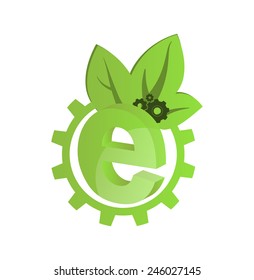 vector icon green gears with green leaves and the letter e in the gear wheel