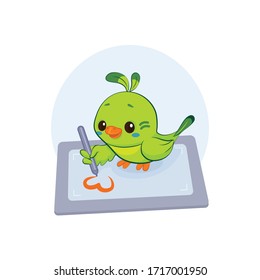 vector icon of a green parrot with a stylus in his hand, which draws an orange heart on the tablet. Mascot for printing on t-shirts, funny cartoon sticker, eps 10, isolated on white