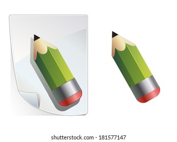 Vector icon of green short wooden pencil isolated on paper