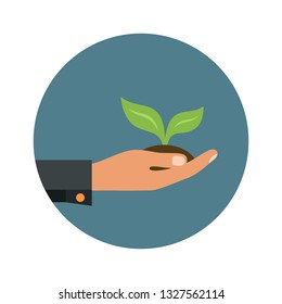 Vector icon of green sprout in a hand. Sign of environmental protection. Vector icon.