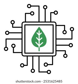 Vector icon of Green Technology. This icon shows a circuit board with a leaf, symbolizing innovation in sustainability. Processor with green leaf icon. 