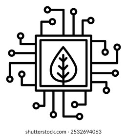 Vector icon of Green Technology. This icon represents technology integrated with eco-friendly practices, featuring a leaf and electronic circuits. Ideal for promoting green tech innovations and sustai