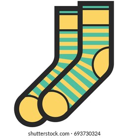 Vector Icon of a green and yellow socks  with stripes for men or women in flat style with outline. Pixel perfect. Business and office look. For shops and stores 