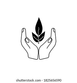 Vector icon of greenery, protecting plants. With the symbol of the hand holding the world. Go green.
