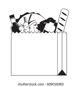 Vector icon of grocery bag that includes French baguette, wine, water, cheese, carrots, eggplant, cabbage and broccoli. Black and white isolated illustration.