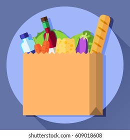 Vector icon of grocery bag that includes French baguette, wine, water, cheese, carrots, eggplant, cabbage and broccoli