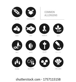 Vector icon. Group of different allergen icons. Black button image of food allergens.