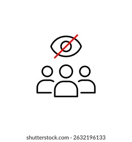 Vector icon of group of people with crossed-out eye, symbolizing hidden community, private group, or restricted visibility. Ideal for social apps, privacy settings, collaboration platforms