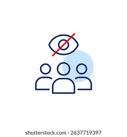 Vector icon of group of people with crossed-out eye, symbolizing hidden community, private group, or restricted visibility. Ideal for social apps, privacy settings, and collaboration platforms