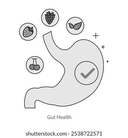 Ícone de vetor para integridade intestinal. Um estômago com frutas e legumes, simbolizando bem-estar digestivo através de nutrição saudável.