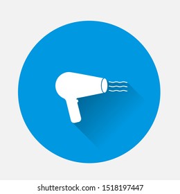 Vector icon hair dryer for hair styling. Barbershop symbol  on blue background. Flat image with long shadow.