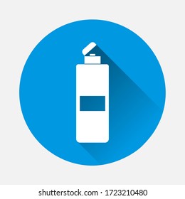 Vector icon of hair shampoo, bath gel. Body care. Symbol of purity icon on blue background. Flat image with long shadow.