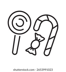 Vector icon of Halloween candies, including lollipop and candy cane. Great for trick-or-treat, festive, and sweet-themed spooky designs. Outline icons Collection. editable stroke. vector illustration