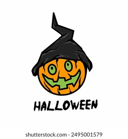 vector icon of halloween orange pumpkin wearing a witch hat as background