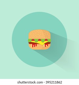 Vector icon of a hamburger in flat style. Cheeseburger, burger, meal, fast food. Vector flat design style illustration.