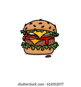 Vector icon of hamburger with steak, cheese, tomatoes, lettuce and onion