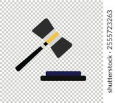 Vector icon of hammer with straight handle. The hammer head is a thick cylinder with flat ends on both sides. This icon is used in legal contexts, such as courts, law firms, or official decisions