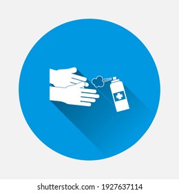 Vector icon of hand disinfection antiseptic icon on blue background. Flat image with long shadow.