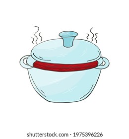 Vector icon in hand draw style. Heat treatment of products. Casserole with hot food
