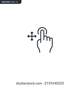 Vector icon of a hand with a four-way arrow. Represents dragging, moving objects, and free navigation on touchscreens or maps.