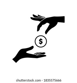 Icono del vector, la mano le da una moneda a otra mano. Silueta negra de estilo minimalista, aislada sobre fondo blanco, eps 10. Concepto: ayuda, finanzas, dinero, anticipo, pago.