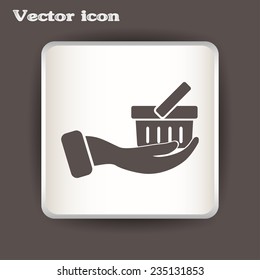 Vector icon hand holding a cart online store, Internet shop. bas