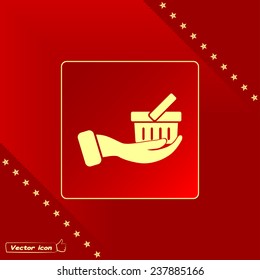 Vector icon hand holding a cart online store, Internet shop. bas