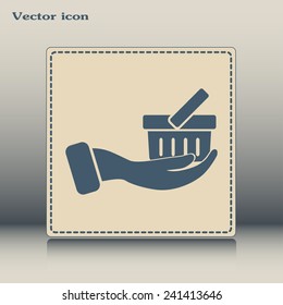Vector icon hand holding a cart online store, Internet shop.