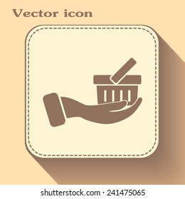 Vector icon hand holding a cart online store, Internet shop. bas