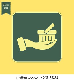 Vector icon hand holding a cart online store, Internet shop. bas