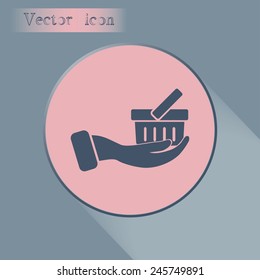 Vector icon hand holding a cart online store, Internet shop. bas