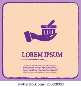Vector icon hand holding a cart online store, Internet shop. basket