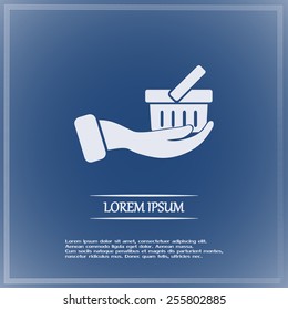 Vector icon hand holding a cart online store, Internet shop. bas