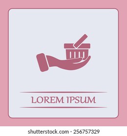 Vector icon hand holding a cart online store, Internet shop. basket