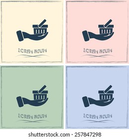 Vector icon hand holding a cart online store, Internet shop. 