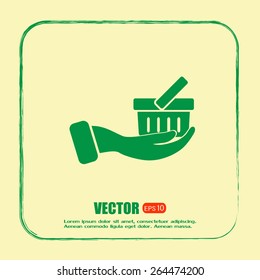 Vector icon hand holding a cart online store, Internet shop. bas