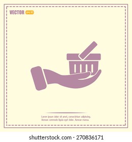 Vector icon hand holding a cart online store, Internet shop. bas