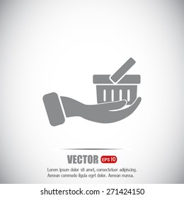 Vector icon hand holding a cart online store, Internet shop. bas
