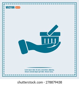 Vector icon hand holding a cart online store, Internet shop. bas