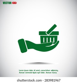 Vector icon hand holding a cart online store, Internet shop. bas