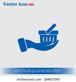 Vector icon hand holding a cart online store, Internet shop. bas