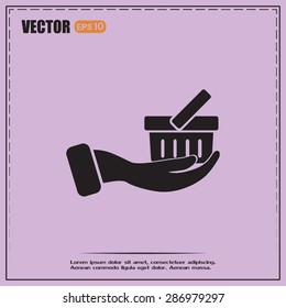 Vector icon hand holding a cart online store, Internet shop. bas