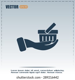 Vector icon hand holding a cart online store, Internet shop. bas